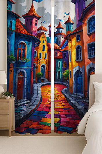 Else Dekor Colorful Street View Patterned Double Winged Background Curtain Suede Living Room Hall Kitchen 140X260Cm