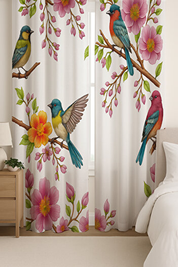 Else Dekor Spring Themed Colorful Bird Flowers Patterned Double Winged Backdrop Curtain Suede Living Room Hall Kitchen