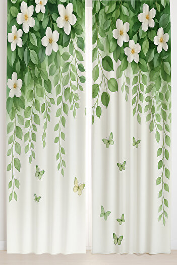 Else Dekor Green Leafed Flowers Butterfly Patterned Double Winged Backdrop Curtain Suede Living Room Hall Kitchen