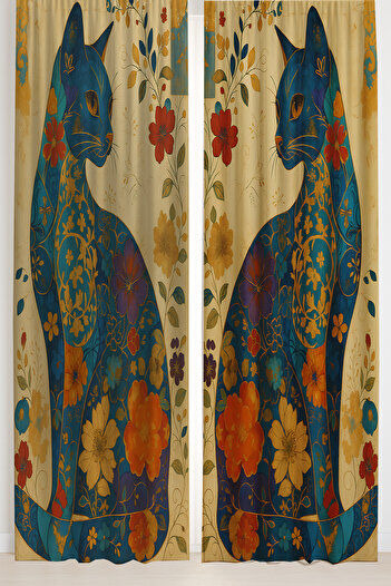 Else Dekor Vintage Cat Flower Pattern Double Winged Backdrop Curtain Suede Living Room Hall Kitchen 140X260Cm