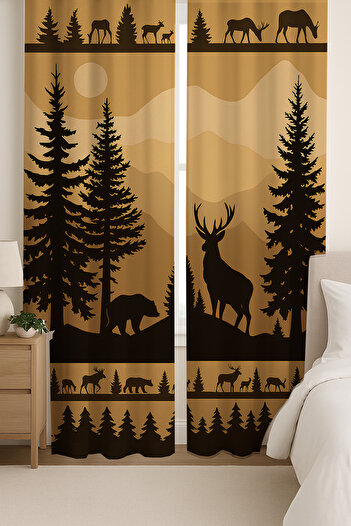 Else Dekor Forest Silhouette Deer and Bear Patterned Double Winged Backdrop Curtain Suede Living Room Lounge Kitchen 140X260Cm