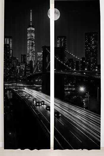 Else Dekor New York Night View Cityscape Patterned Double Winged Backdrop Curtain Suede Living Room Hall Kitchen