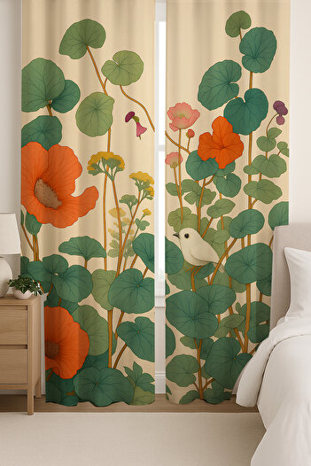Else Dekor Vintage Nature Flowers Patterned Double Winged Backdrop Curtain Suede Living Room Lounge Kitchen 140X260Cm