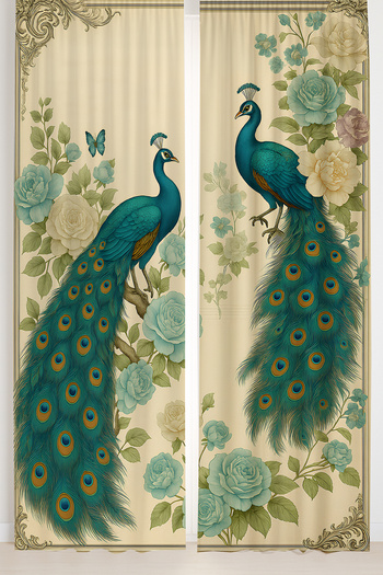 Else Dekor Vintage Peacock Patterned Double Winged Backdrop Curtain Suede Living Room Hall Kitchen 140X260Cm
