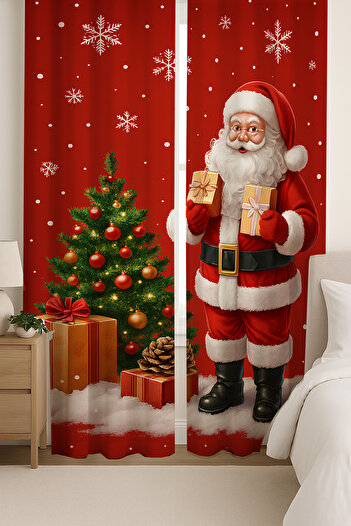 Else Dekor Santa Claus and Pine Tree Pattern Double Winged Backdrop Curtain Suede Living Room Lounge Kitchen 140X260Cm