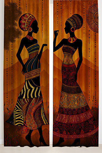 Else Dekor African Ethnic Woman Patterned Double Winged Backdrop Curtain Suede Living Room Lounge Kitchen 140X260Cm