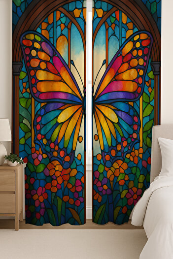 Else Dekor Colorful Butterfly Stained Glass Patterned Double Winged Background Curtain Suede Living Room Hall Kitchen 140X260Cm