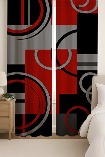Else Dekor Red Black Gray Geometric Patterned Double Winged Backdrop Curtain Suede Living Room Hall Kitchen 140X260Cm