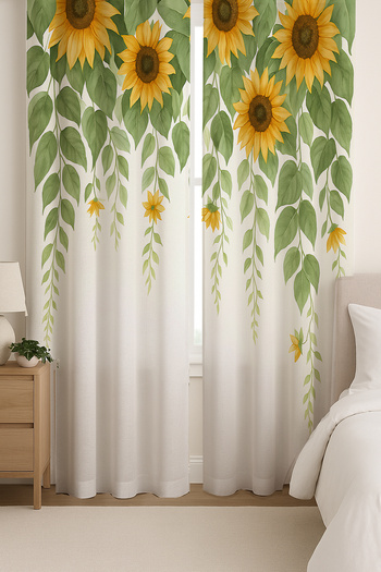 Else Dekor Green Leaf Sunflower Patterned Double Winged Backdrop Curtain Suede Living Room Hall Kitchen 140X260Cm