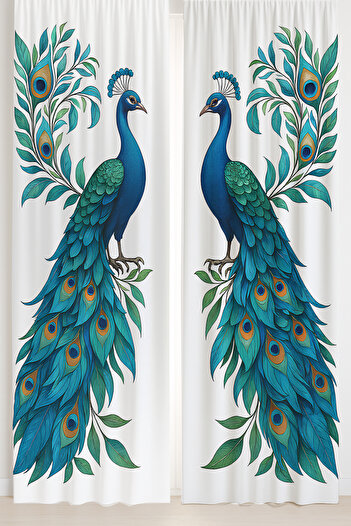 Else Dekor Blue Peacock Patterned Double Winged Backdrop Curtain Suede Living Room Hall Kitchen 140X260Cm