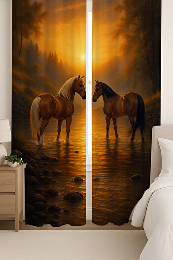 Else Dekor Sunset Horses Patterned Double Winged Backdrop Curtain Suede Living Room Hall Kitchen 140X260Cm
