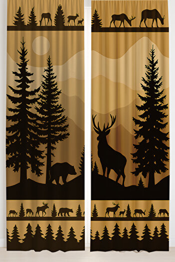 Else Dekor Forest Silhouette Deer and Bear Patterned Double Winged Backdrop Curtain Suede Living Room Lounge Kitchen 140X260Cm