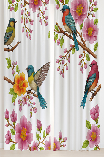Else Dekor Spring Themed Colorful Bird Flowers Patterned Double Winged Backdrop Curtain Suede Living Room Hall Kitchen