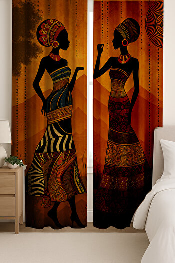 Else Dekor African Ethnic Woman Patterned Double Winged Backdrop Curtain Suede Living Room Lounge Kitchen 140X260Cm