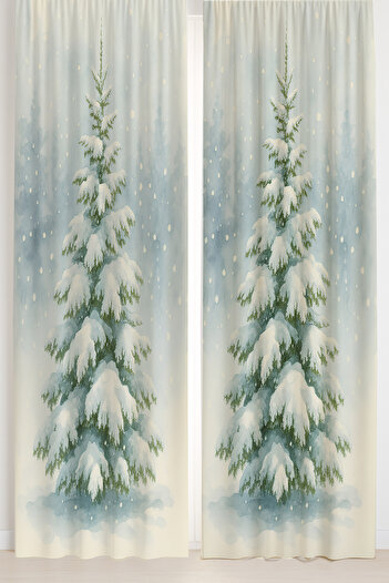 Else Dekor Winter Themed Pine Tree Patterned Double Winged Backdrop Curtain Suede Living Room Hall Kitchen 140X260Cm