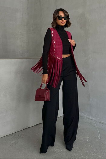 Lady Pixie Pearl Detailed Tasseled Suede Vest