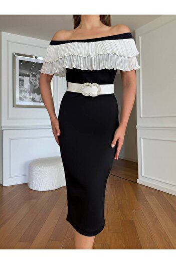 1Moda1Tarz Women's Imported Fabric Carmen Collar Lined Special Design Dress with Stone Belt Detail