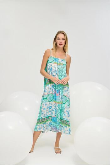 GİZZEY 21255 Green Blue Ethnic Patterned Long Dress with Thin Strap