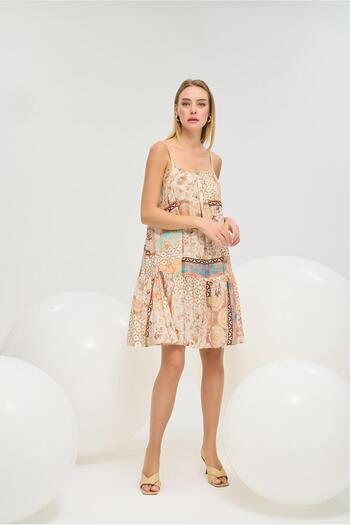 GİZZEY 21259 Beige Brown Ethnic Patterned Short Dress with Thin Strap
