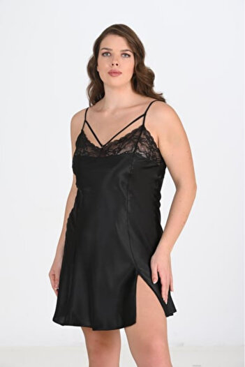 Bleu Petite Black Plus Size Satin Short Nightgown