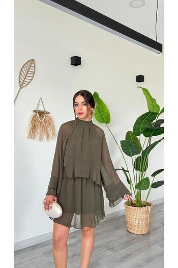 modadagiyim Flounce Sleeve, Shirred Neckline Detail, Ruffled Long Sleeve, Dominant Neckline, Above Knee Length, Chiffon, Very Stylish Dress