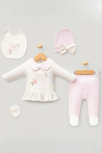 Cherub Baby Bow Embroidered Baby Girl Newborn 5 Piece Hospital Release Bodysuit Set