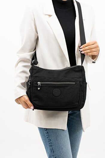 VESSARA Women's Multi-Eye Waterproof Crinkle Fabric Black Color Cross Strap Shoulder Bag