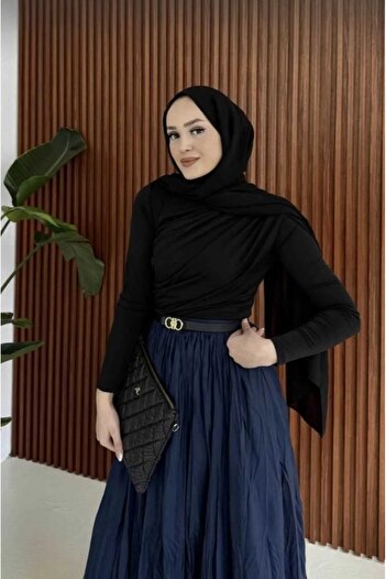 Desre Moda Women's Wrinkled Long Flared Black Hijab Skirt Women's Skirt