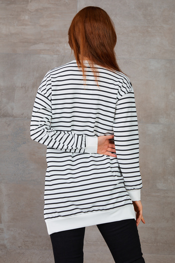 Caddebostan Moda Ribbed Collar Crew Neck 100% Cotton Slit Detailed Long Sleeve Striped Tunic Casual Sports Combed Cotton