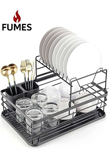 Fumes 2-Tier Dish Drying Rack with Cutlery Holder and Drain Board - Space Saving Kitchen Organizer