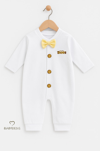 BABYDEN'S Baby Boy Romper with Little Boss Bow Tie - Button-Up Design, Long Sleeve 100% Cotton Newborn Romper