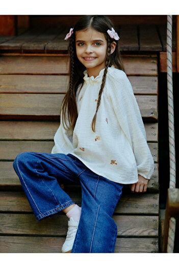 LC Waikiki Ruffled Stand Collar Flower Embroidery Girl's Blouse
