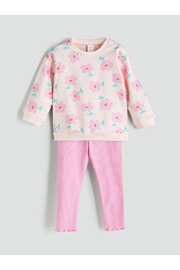LC Waikiki Pink Crew Neck Printed Baby Girl Sweatshirt and Leggings 2-Piece Set