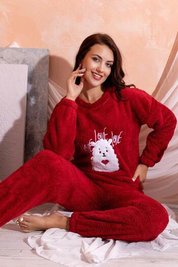 Parille Full Plush Winter Women's Pajama Set - Fleece New Year's Pajamas S-Red