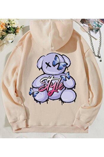 CLASSY.MODA Unisex Oversize 3-κλωνο φούτερ με κουκούλα 🧸 🦋 ✨   Φούτερ με κουκούλα με στυλ Bear Pattern Casual Streetwear
