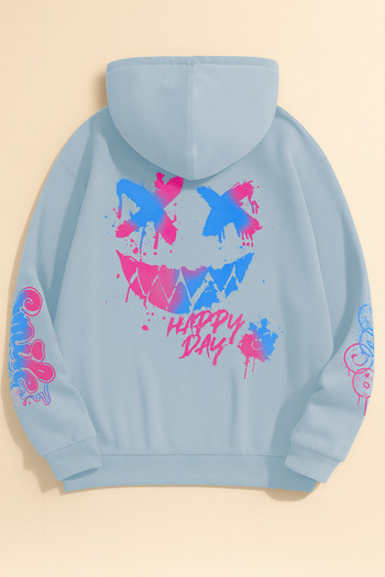 CLASSY.MODA Унисекс Oversize 3 İplik Hoodie 😁🎨✨ Happy Day Graffiti Desenli Kapüşonlu Sweatshirt Streetwear