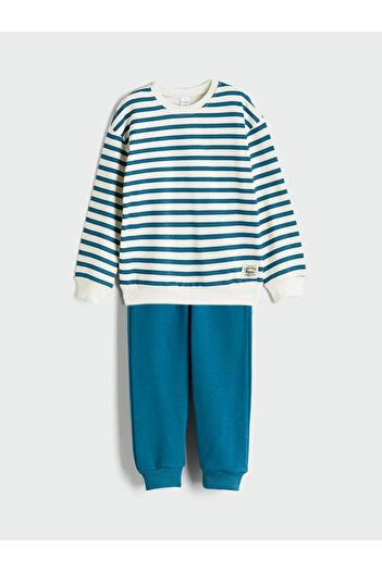 LC Waikiki Lcw Kids Beige Crew Neck Striped Boys' Sweatshirt and Sweatpants Set of 2