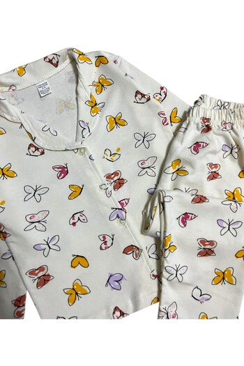 Fil Kids Girl's 100% Cotton White Butterfly Patterned Shirt Collar Buttoned Pajama Set