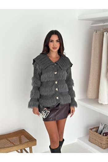 sportiness Turtleneck Buttoned Knitwear Cardigan with Beard Detail
