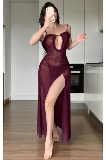 SİA LESS Women's Slit Fancy Burgundy Strap Long Nightgown Clothing Dress Nightdress