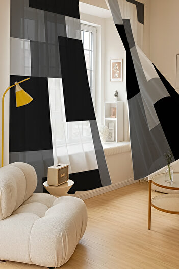 Else Dekor Black Gray Block Geometric Patterned Double Winged Tulle Curtain Living Room Hall Kitchen 140X260Cm