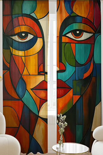 Else Dekor Abstract Face Pattern Double Panel Tulle Curtain for Living Room Lounge Kitchen 140X260Cm