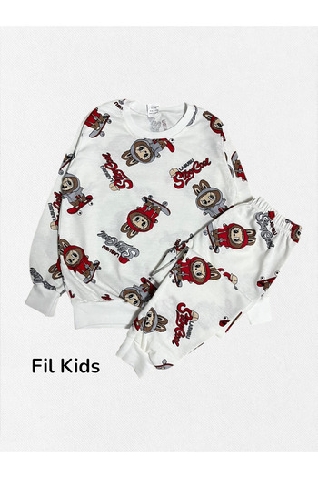 Fil Kids Set de pijamale cu mânecă lungă pentru băieți, din bumbac alb, cu model de skateboard Labubu