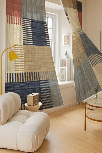 Else Dekor Vintage Geometric Patterned Double Winged Tulle Curtain for Living Room Hall Kitchen 140X260Cm