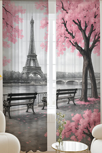 Else Dekor Paris Eiffel Tower Pink Floral Patterned Double Winged Tulle Curtain Living Room Hall Kitchen