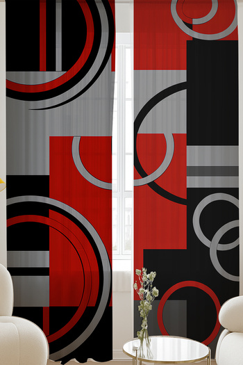 Else Dekor Red Black Gray Geometric Patterned Double Winged Tulle Curtain Living Room Hall Kitchen 140X260Cm