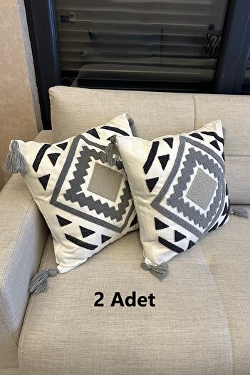 SİMEREV HALI HOME CONSEPT 2 Pieces Cream Fabric Tufted Woven Throw Pillow Case Modern Bohemian Pattern Case with Punch Embroidery