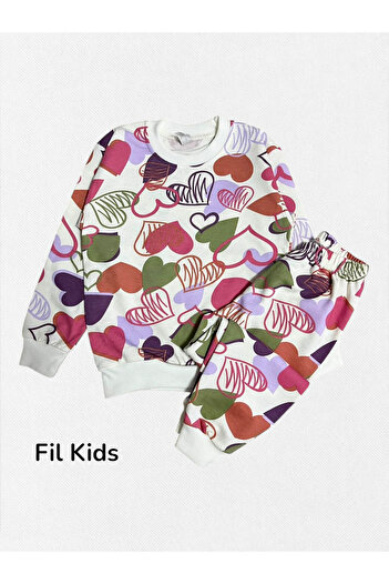Fil Kids Girl's Cotton Ecru Color Heart Patterned Long Sleeve Pajama Set