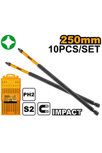 Ingco SDBIM11PH2105 10'lu Darbeli Uzun Yıldız Tornavida Ucu Seti 250 mm