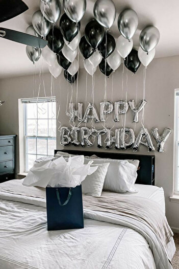 Baloncu Nene Happy Birthday Foil Set Black White Silver Balloon Party Birthday Decoration Set
